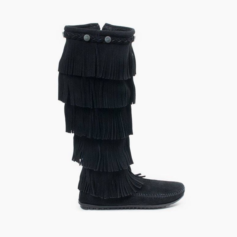Black Minnetonka fringe knee high boots